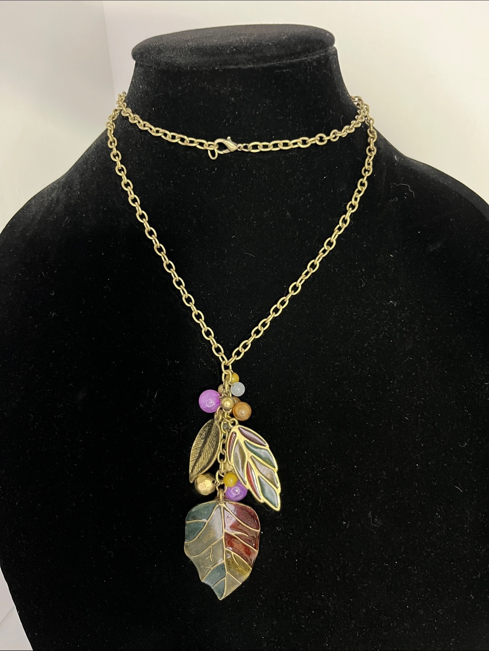 Gold-Tone Leaf Pendant Necklace with Purple, Brown, Cream Accents